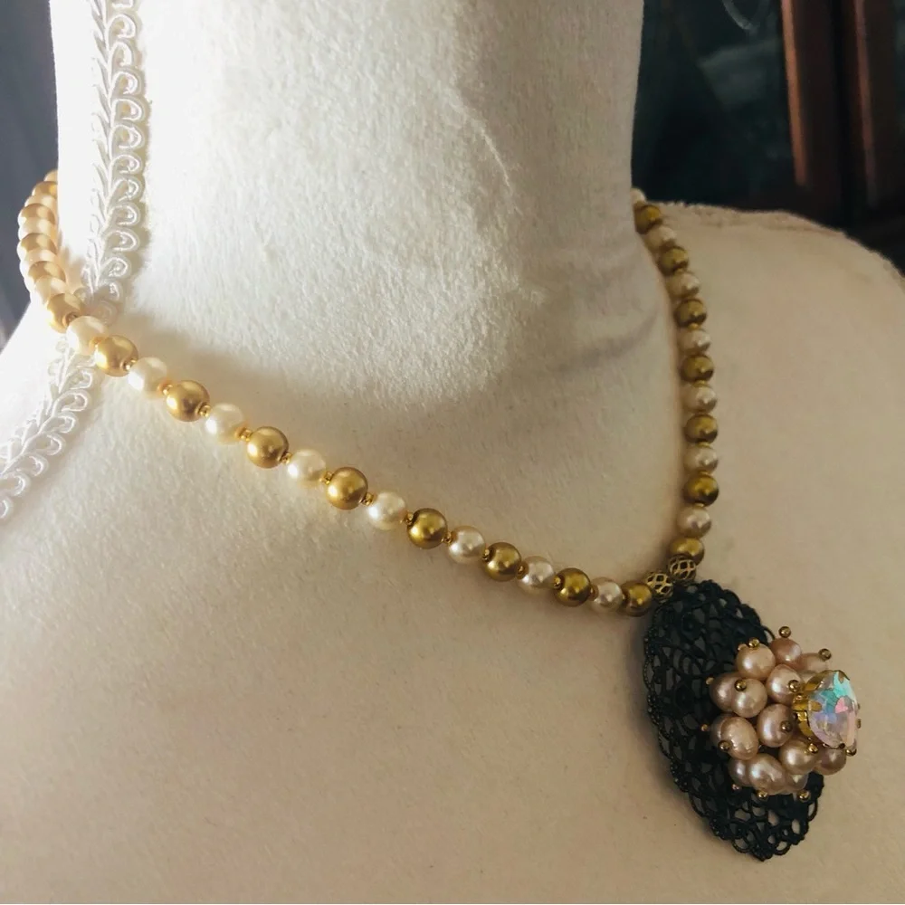 Handcrafted repurpose pearl cluster filigree pendant Czech glass Pearl necklace